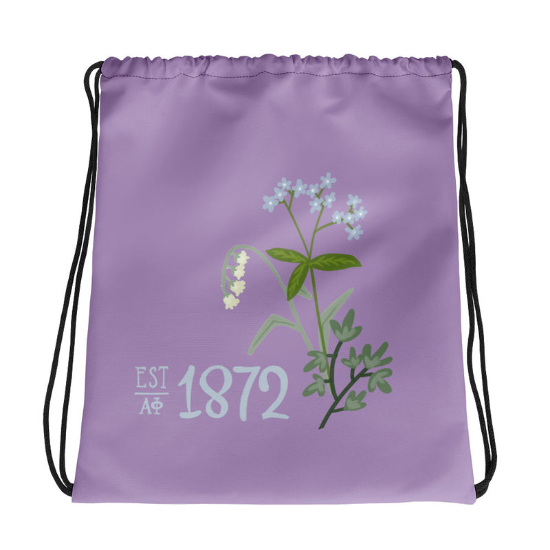 Alpha Phi 1872 Drawstring Bag in flat view