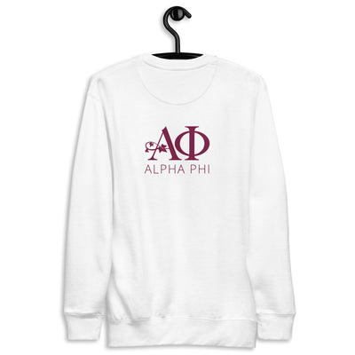 Back of Alpha Phi Logo White Unisex Premium Sweatshirt on hanger