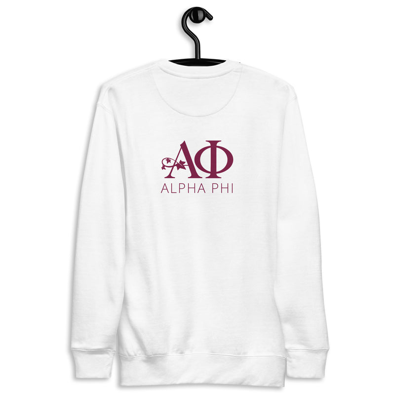 Back of Alpha Phi Logo White Unisex Premium Sweatshirt on hanger
