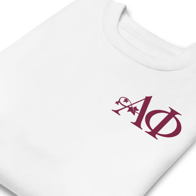 Alpha Phi Logo White Unisex Premium Sweatshirt shown folded