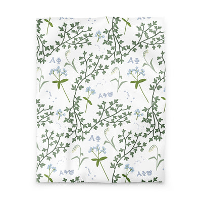 alpha phi floral print duvet cover in white shown in twin size