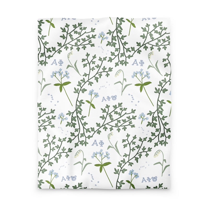 alpha phi floral print duvet cover in white shown in twin size