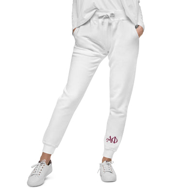 Alpha Phi Greek Letters White Sweatpants in close up view on model