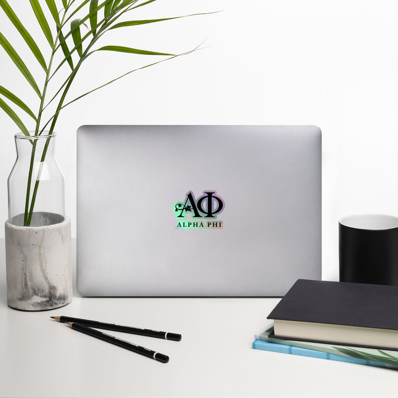 Alpha Phi Greek Letters and Ivy Holographic Sticker on laptop