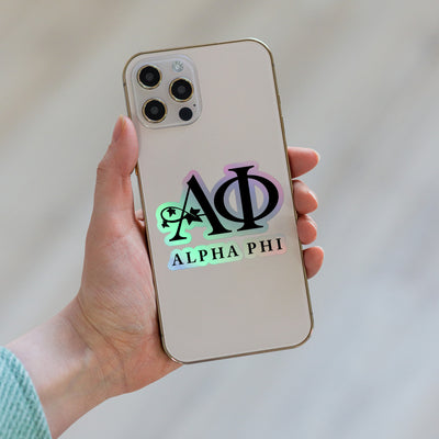Alpha Phi Greek Letters and Ivy Holographic Sticker on phone
