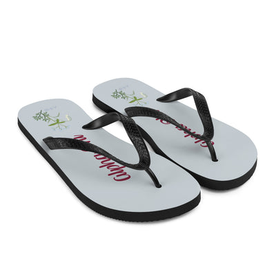 Alpha Phi Sorority Flip-Flops in silver with A Phi colors and symbols in side view