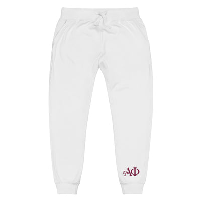 Alpha Phi Sorority Sweatpants in front view shown flat with Alpha Phi logo in bordeaux