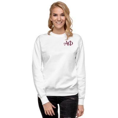 Alpha Phi Sorority Sweatshirt with Alpha Phi letters on front and back of white sweatshirt