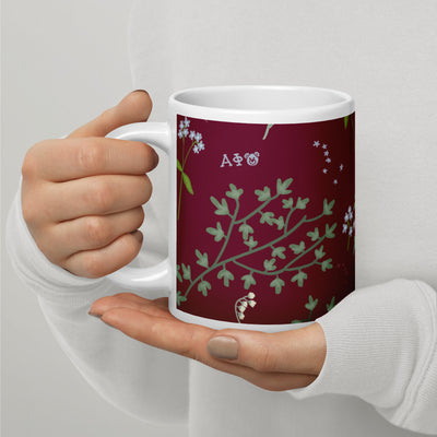 Alpha Phi Floral Print Mug in 20 oz size with A phi letters