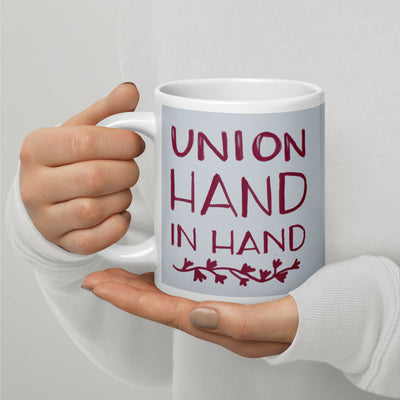 Alpha Phi Sorority Mug with Union Hand in Hand motto in silver and Bordeaux in 20 oz mug size