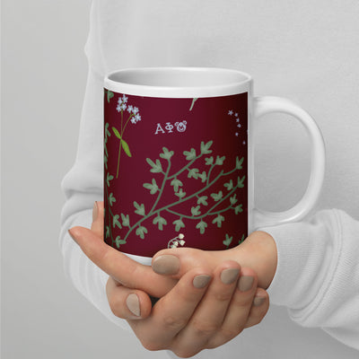 Alpha Phi Floral Print Mug in bordeaux in 20 oz size with A phi letters and colors