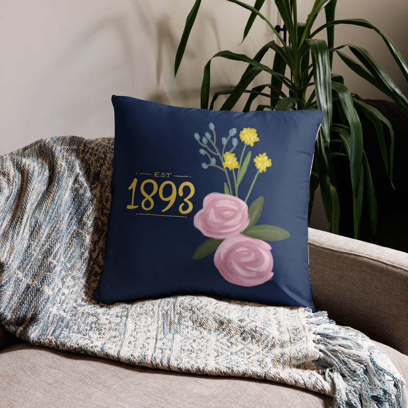 Alpha Xi Delta Sorority Pillow in 22" x 22" size in Navy Blue shown on couch