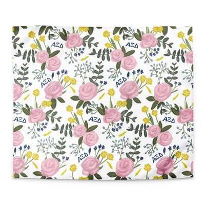 Alpha Xi Delta Duvet Cover with pink Killarney rose floral print in white shown in King size