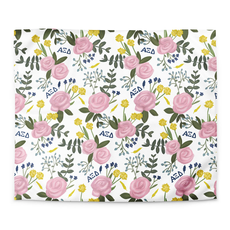 Alpha Xi Delta Duvet Cover with pink Killarney rose floral print in white shown in King size
