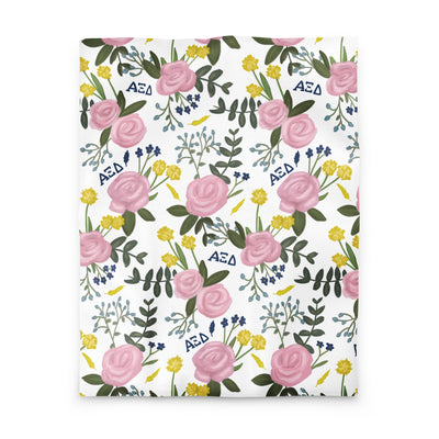 Alpha Xi Delta Duvet Cover with pink Killarney rose floral print in white shown in Twin size