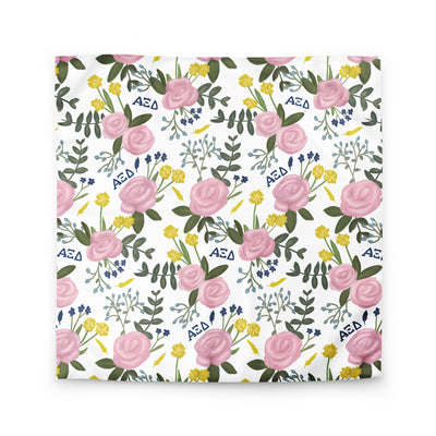 Alpha Xi Delta Duvet Cover with pink Killarney rose floral print in white shown in Queen size