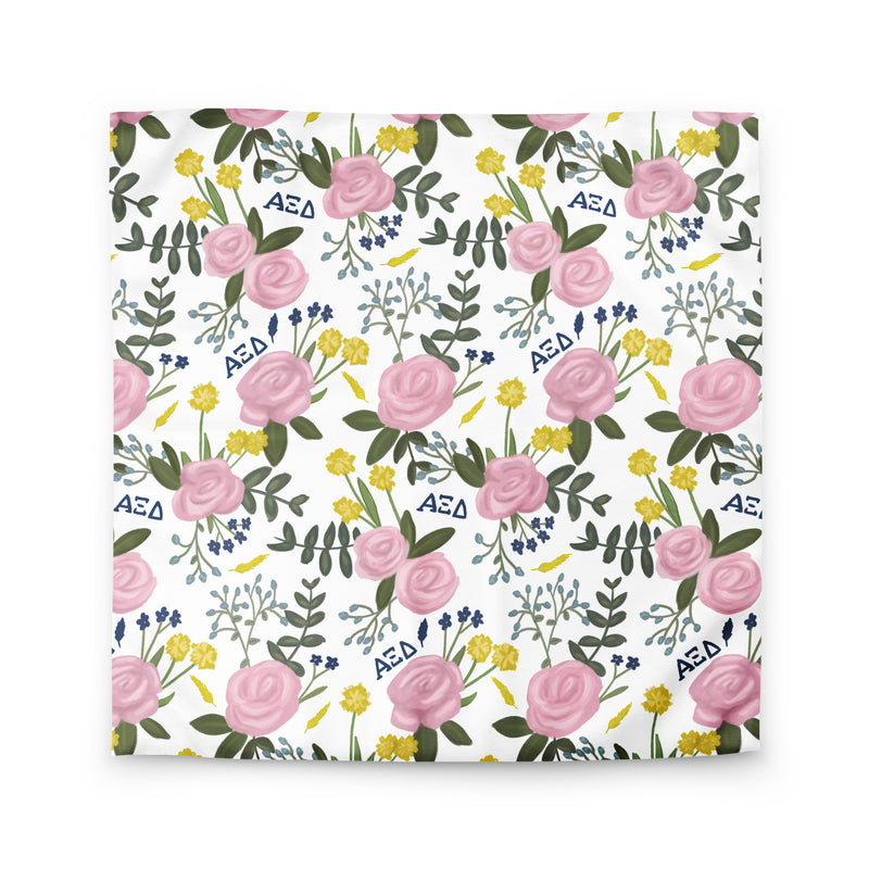 Alpha Xi Delta Duvet Cover with pink Killarney rose floral print in white shown in Queen size