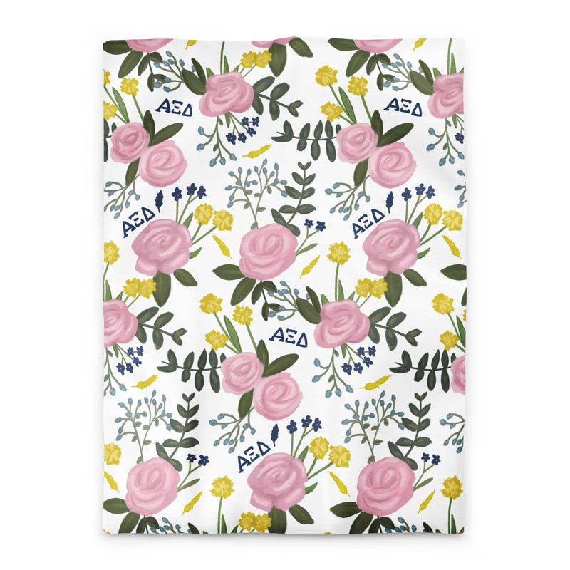 Alpha Xi Delta Duvet Cover with pink Killarney rose floral print in white shown in Twin XL size