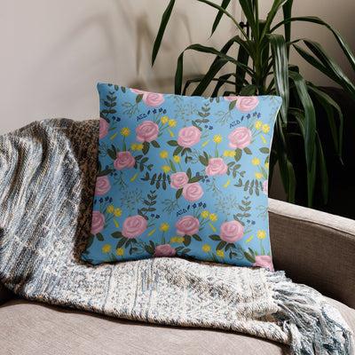Alpha Xi Delta 1893 Sorority Pillow in 22 x 22 size showing floral print in light blue on back