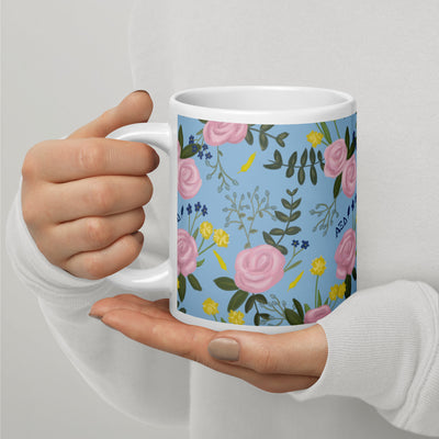 Alpha Xi Delta Sorority Mug in light blue 20 oz size in model's hands