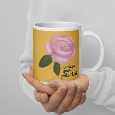 Alpha Xi Delta Sorority Mug in quill gold in 20 oz size in model's hands