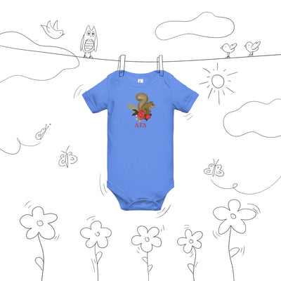 Alpha Gamma Delta squirrel baby onesie shown on clothesline drawing in blue