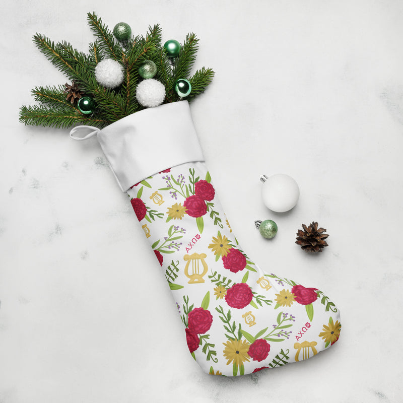 Alpha Chi Floral Print Holiday Stocking with pine branches