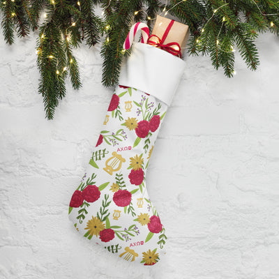 Alpha Chi Floral Print Holiday Stocking with pine and lights