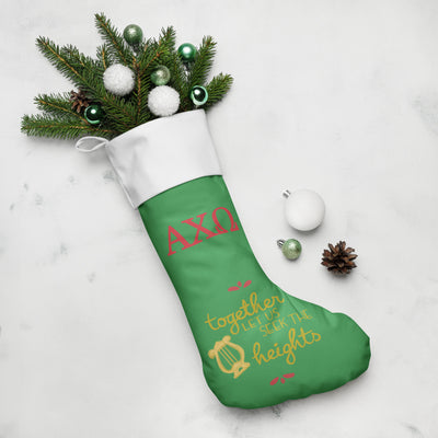 Alpha Chi Heights Holiday Stocking with pine branches
