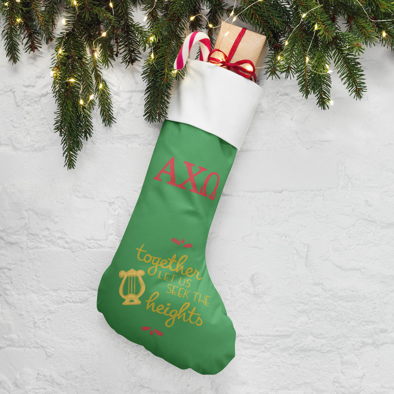 Alpha Chi Heights Holiday Stocking with pine and lights