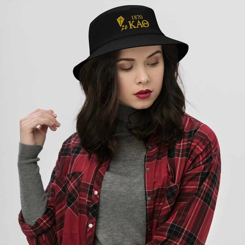 Kappa Alpha Theta Embroidered Black Bucket Hat on model 