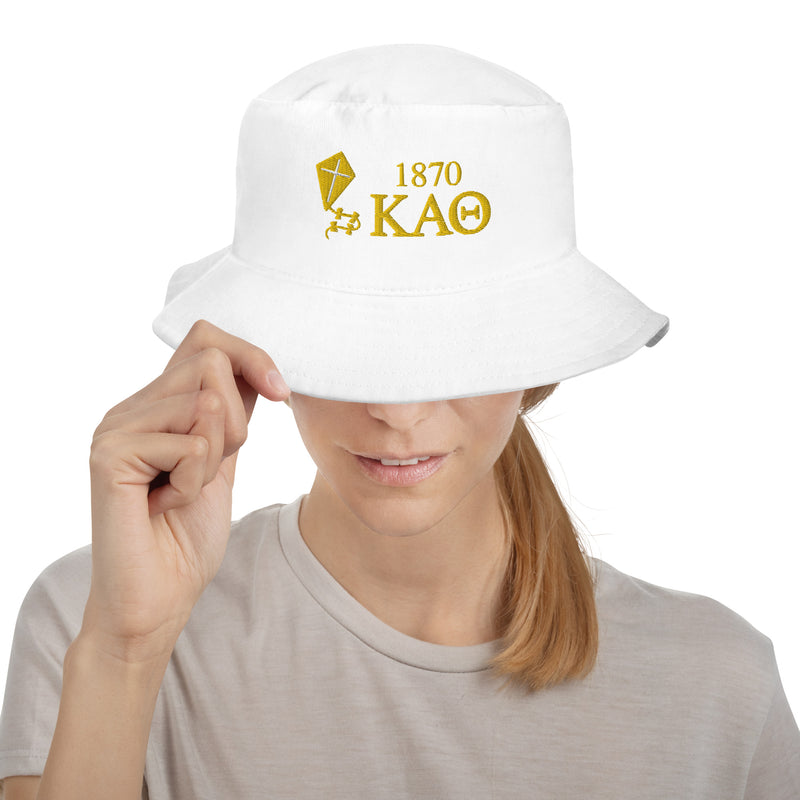Kappa Alpha Theta White Embroidered Bucket Hat on model