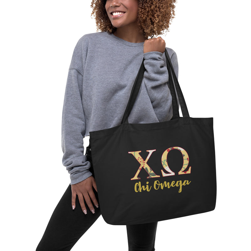 Chi Omega Letters Tote Bag shown on model with filled letters