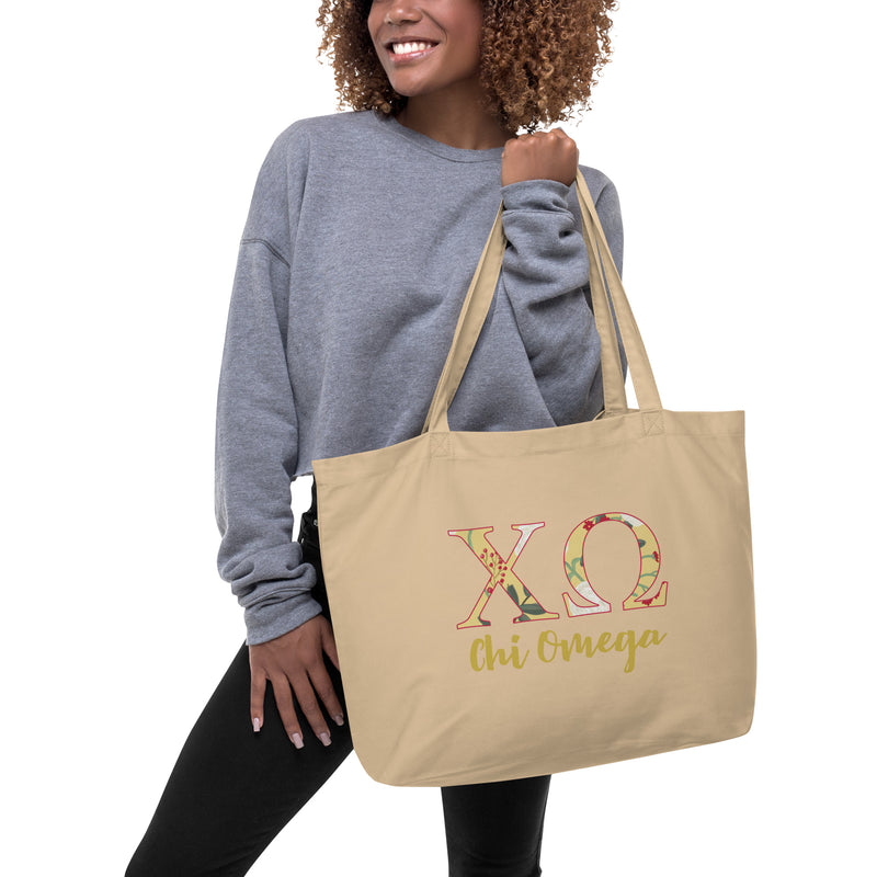 Chi Omega Letters Tote Bag in natural oyster on model&