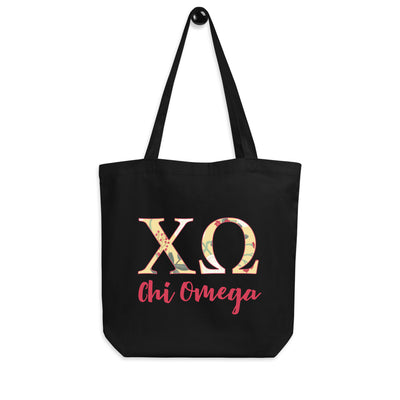 Chi Omega Sorority Tote Bag in black with scarlet red lettering shown hanging on a hook