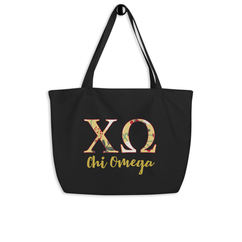 Chi Omega Letters Tote Bag shown hanging on a hook