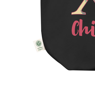 Chi Omega Sorority Tote Bag in black with scarlet red lettering in detail view