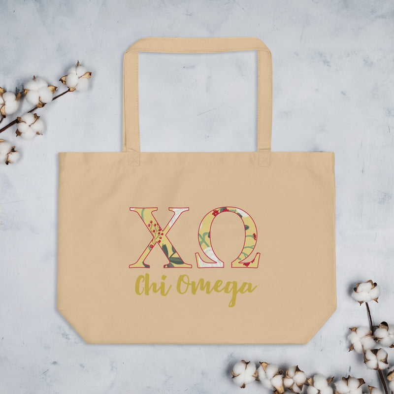 Chi Omega Letters Tote Bag in natural oyster with filled letters