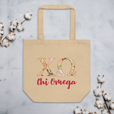 Chi Omega Sorority Tote Bag in natural oyster color with scarlet red lettering shown with cotton blossoms