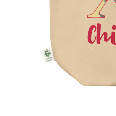 Chi Omega Sorority Tote Bag in natural oyster color with scarlet red lettering in detail view