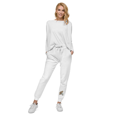Chi Omega Owl Fleece Sweatpants in front view in full length on model in white