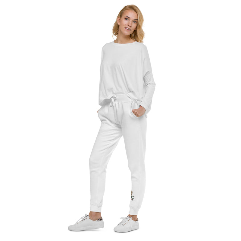 Chi Omega Owl Fleece Sweatpants in white in side view on model