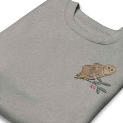 Chi Omega Owl Crewneck Sweatshirt in gray in folded view