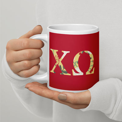 Chi Omega Sorority Letters Mug shown in model's hands in 20 oz size