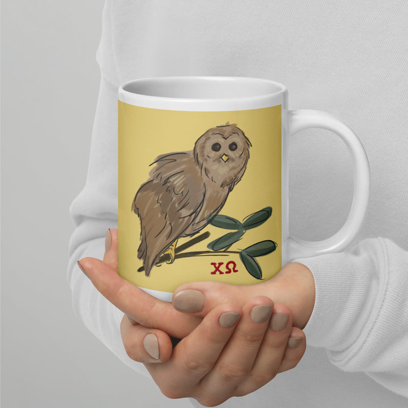 Chi Omega Owl Mug in 20 oz size showing owl design printed on both sides 