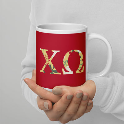 Chi Omega Sorority Letters Mug shown in model's hands in 20 oz size