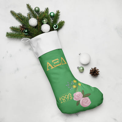 Alpha Xi 1893 Green Holiday Stocking with festive foliage