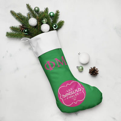 Phi Mu Les Soeurs Holiday Stocking with pine branches