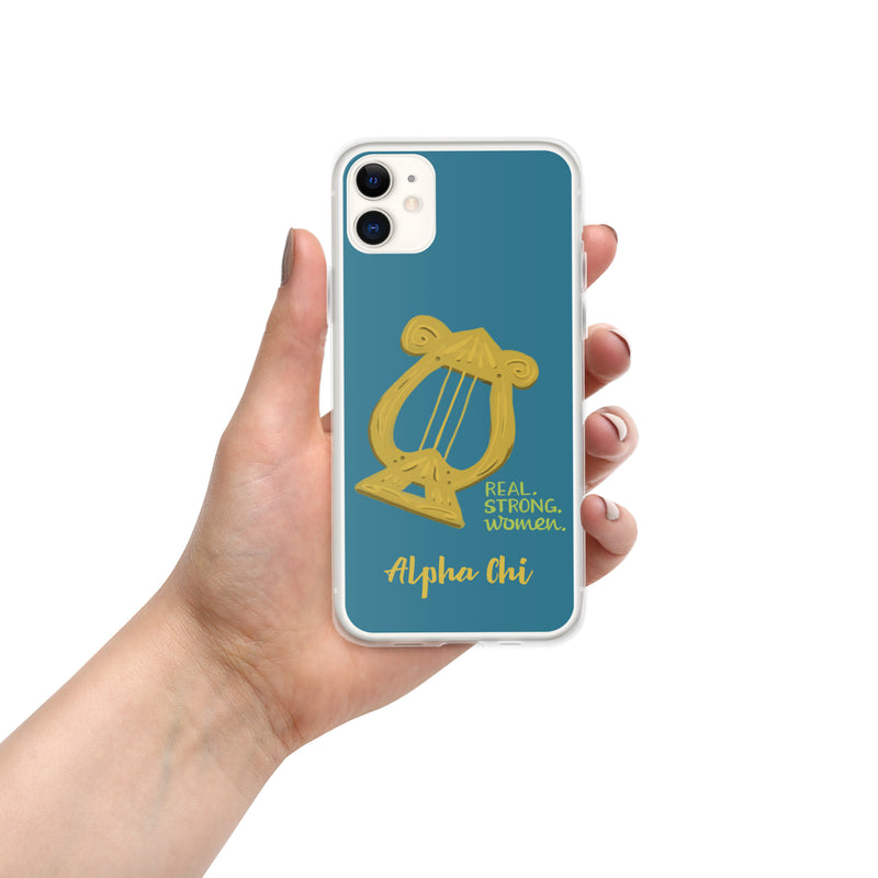 Alpha Chi Omega Lyre Real. Strong. Women Teal iPhone 11 Case