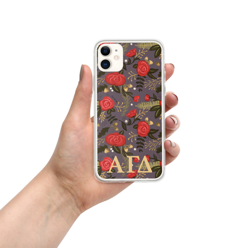 Alpha Gam Red Rose Floral Print iPhone 11 Case, Gray